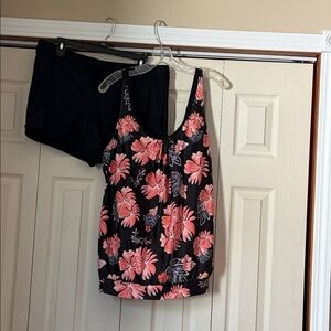 Black Floral Tankini Top with Pink Flowers